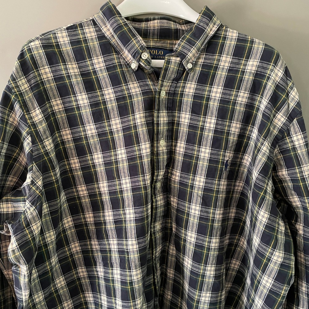 Polo Ralph Lauren Mens 2XB Big & Tall Plaid Button Down Shirt Navy Green Cotton